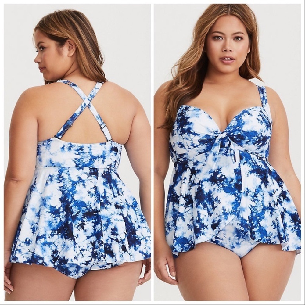 Torrid Tie Dye Blue White Skirted One Piece, M 10 - Picture 3 of 8